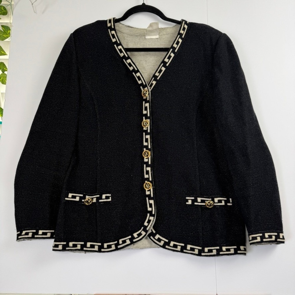 Lola Made in Italy Vintage Greek Key Knit Cardigan Jacket Black White Size 14